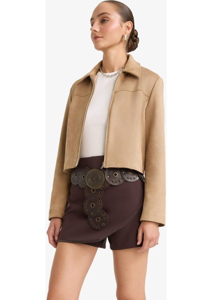 Su Geçirmez Regular Fit Polo Yaka Fermuarlı Süet Ceket Mont E8701AX25AU