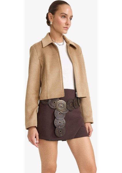 Su Geçirmez Regular Fit Polo Yaka Fermuarlı Süet Ceket Mont E8701AX25AU