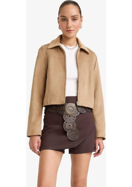 Su Geçirmez Regular Fit Polo Yaka Fermuarlı Süet Ceket Mont E8701AX25AU