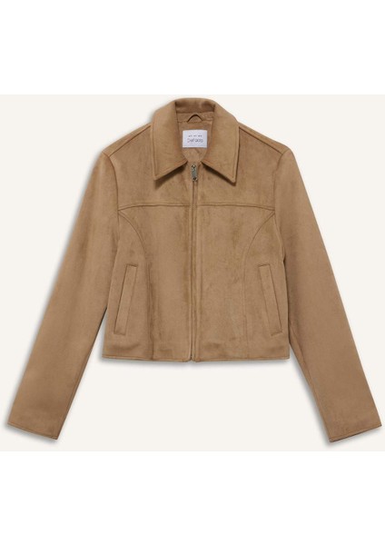 Su Geçirmez Regular Fit Polo Yaka Fermuarlı Süet Ceket Mont E8701AX25AU