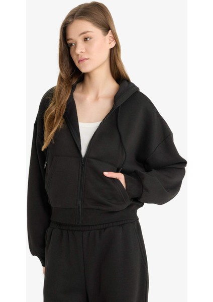 Cropped Fit Kapüşonlu Kalın Fermuarlı Sweatshirt Z7069AZ25WN