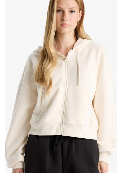 Cropped Fit Kapüşonlu Kalın Fermuarlı Sweatshirt Z7069AZ25WN