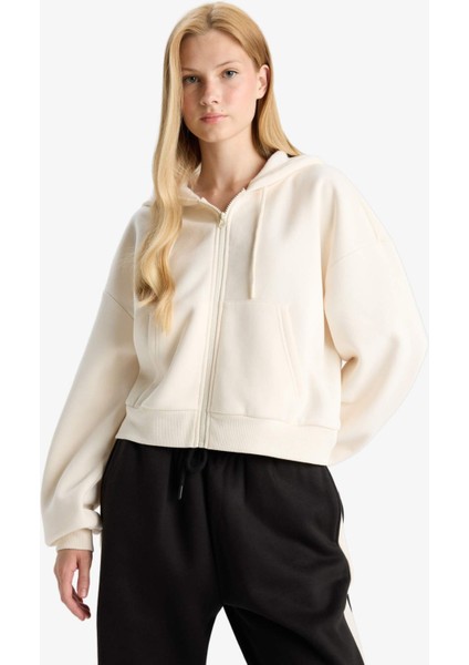 Cropped Fit Kapüşonlu Kalın Fermuarlı Sweatshirt Z7069AZ25WN