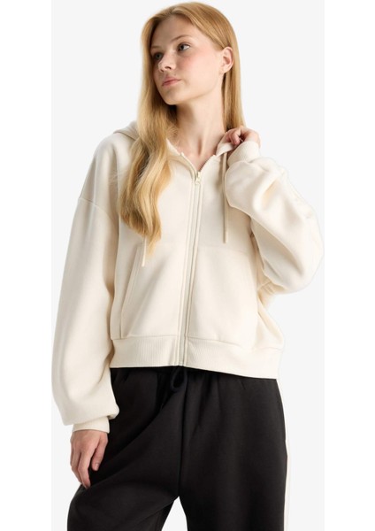 Cropped Fit Kapüşonlu Kalın Fermuarlı Sweatshirt Z7069AZ25WN