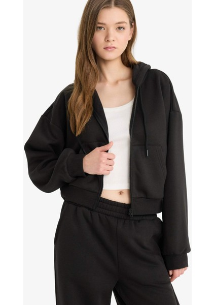 Coool Cropped Fit Kapüşonlu Kalın Fermuarlı Sweatshirt