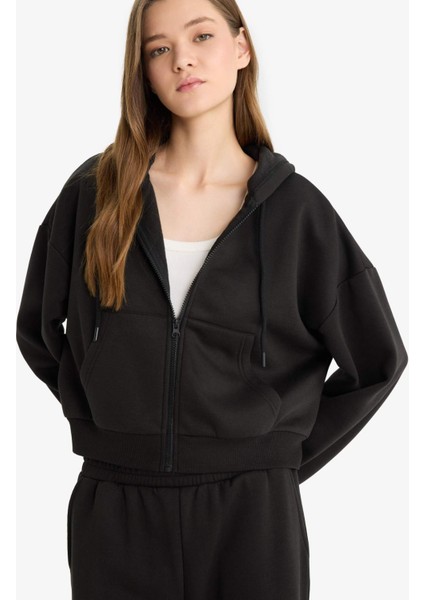 Coool Cropped Fit Kapüşonlu Kalın Fermuarlı Sweatshirt