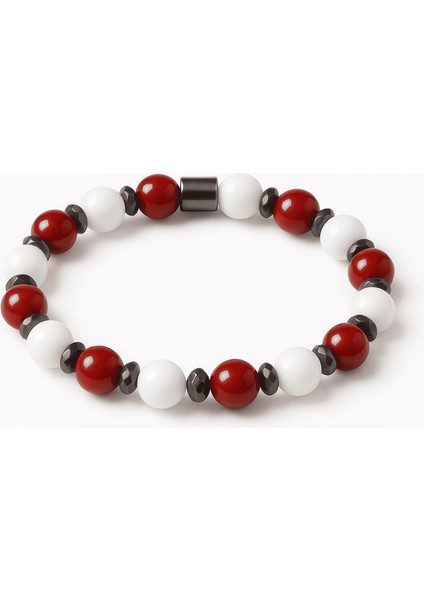 Küre Kesim Kırmızı Beyaz Jade Akik Hematit Doğaltaş Kadın Taraftar Bileklik M2