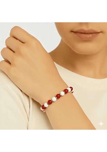 Küre Kesim Kırmızı Beyaz Jade Akik Hematit Doğaltaş Kadın Taraftar Bileklik M2 modelleri