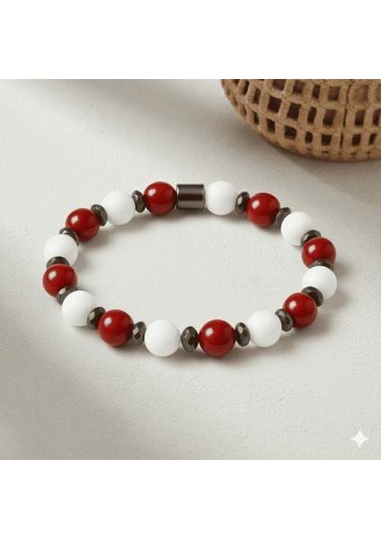 Küre Kesim Kırmızı Beyaz Jade Akik Hematit Doğaltaş Kadın Taraftar Bileklik M2 fırsatları