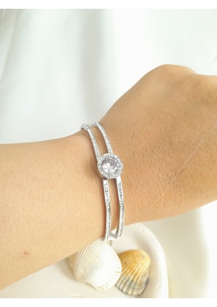 Zirkon Taşlı Çelik Kelepçe Bileklik – Gümüş Renk, Şık Tasarım fiyatları