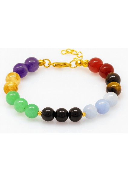 Gold Renk Kararmaz Metal Zincirli Küre Kesim Çoklu Doğaltaş Kombinli Kadın Başarı Bilekliği