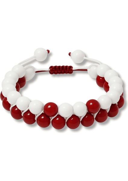 Çift Sıra Makrome Örgülü Küre Kesim Kırmızı Beyaz Jade Akik Doğaltaş Kadın Taraftar Bileklik