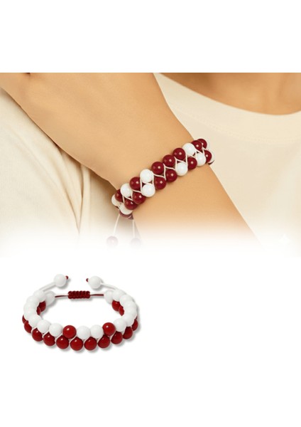 Çift Sıra Makrome Örgülü Küre Kesim Kırmızı Beyaz Jade Akik Doğaltaş Kadın Taraftar Bileklik fiyatları