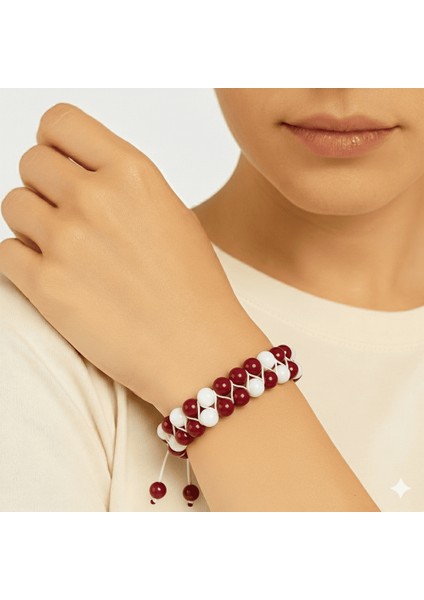 Çift Sıra Makrome Örgülü Küre Kesim Kırmızı Beyaz Jade Akik Doğaltaş Kadın Taraftar Bileklik modelleri