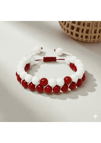 Çift Sıra Makrome Örgülü Küre Kesim Kırmızı Beyaz Jade Akik Doğaltaş Kadın Taraftar Bileklik fırsatları