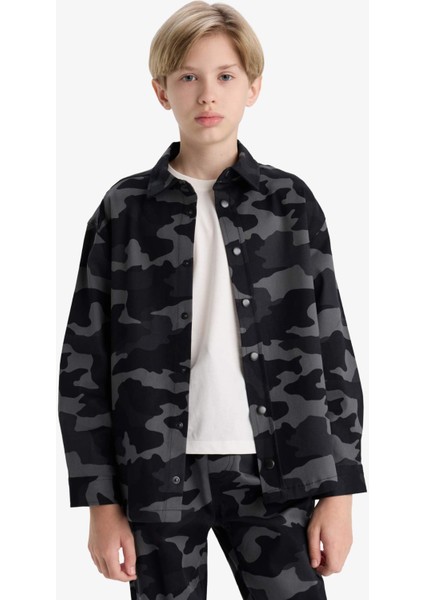 Erkek Çocuk Oversize Geniş Kalıp Polo Yaka Kamuflaj Desenli Gabardin Uzun Kollu Gömlek