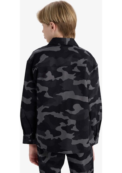 Erkek Çocuk Oversize Geniş Kalıp Polo Yaka Kamuflaj Desenli Gabardin Uzun Kollu Gömlek
