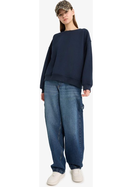 Oversize Geniş Kalıp Bisiklet Yaka Basic Düz Sweatshirt A4177AX25WN