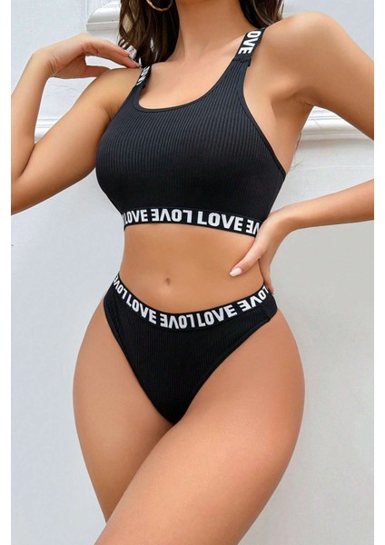 Kadın Siyah Çapraz Sırt ve Love Lastik Detaylı Sütyen Külot Takım modelleri