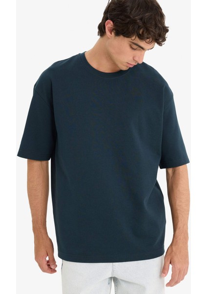 Oversize Geniş Kalıp Bisiklet Yaka Ağır Kumaş Basic Düz Kısa Kollu Tişört E9798AX25AU