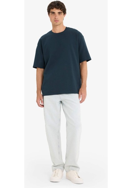 Oversize Geniş Kalıp Bisiklet Yaka Ağır Kumaş Basic Düz Kısa Kollu Tişört E9798AX25AU