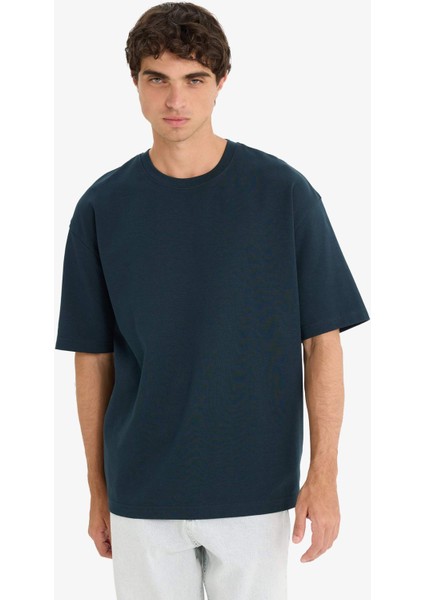 Oversize Geniş Kalıp Bisiklet Yaka Ağır Kumaş Basic Düz Kısa Kollu Tişört E9798AX25AU