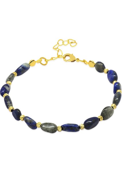 Altın Renk Metal Zincirli Dorika Top Süslemeli Amorf Lapis Doğaltaş Kadın Bileklik