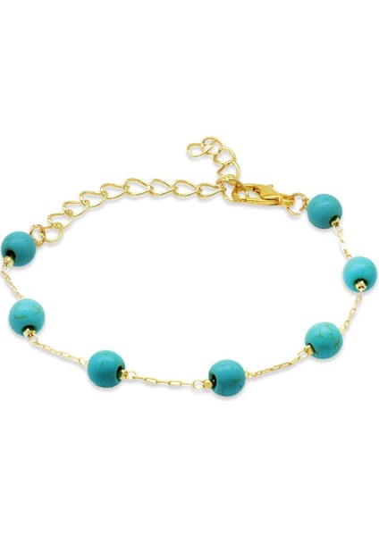 Altın Renk Metal Zincirli Küre Kesim Firuze Turkuaz Doğaltaş Kadın Bileklik