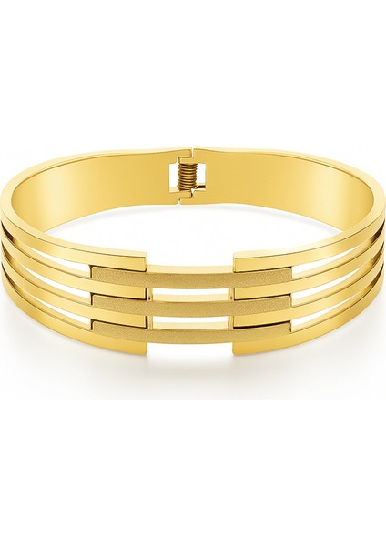 Kadın Çelik Bileklik - Kelepçe Tasarım - Beş Sıralı - Taşlama Süslemeli - Altın Renk