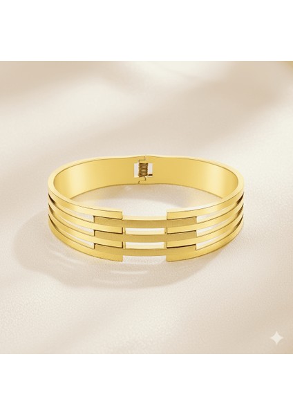Kadın Çelik Bileklik - Kelepçe Tasarım - Beş Sıralı - Taşlama Süslemeli - Altın Renk fırsatları