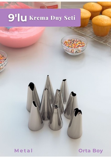 Orta Boy 9’lu Metal Krema Duy Seti – Pasta Duyu Cupcake ve Kurabiye Krema Duyu Süsleme