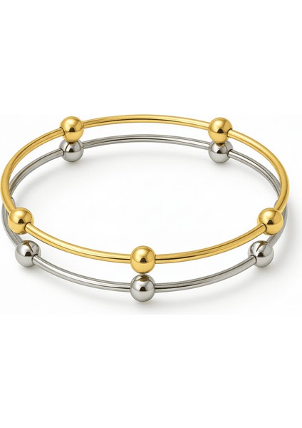 Kadın Çelik Bileklik - Beş Top Süslemeli Tasarım - 2 Li Model - Gümüş Altın Renk