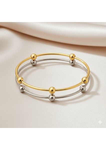 Kadın Çelik Bileklik - Beş Top Süslemeli Tasarım - 2 Li Model - Gümüş Altın Renk fırsatları