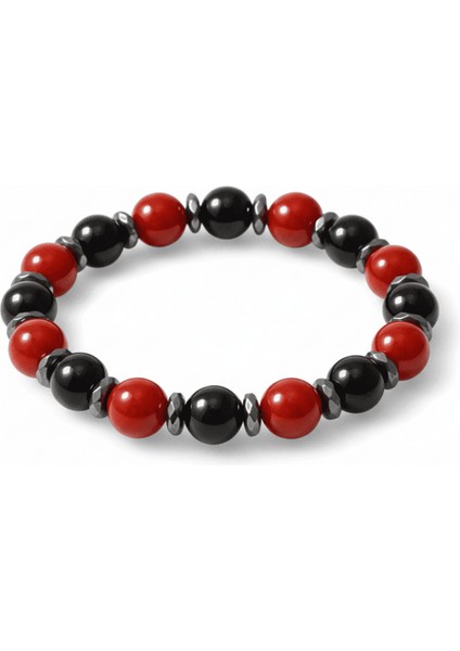Küre Kesim Kırmızı Siyah Akik Oniks Hematit Doğaltaş Kadın Taraftar Bileklik M2