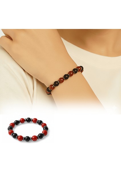 Küre Kesim Kırmızı Siyah Akik Oniks Hematit Doğaltaş Kadın Taraftar Bileklik M2 fiyatları