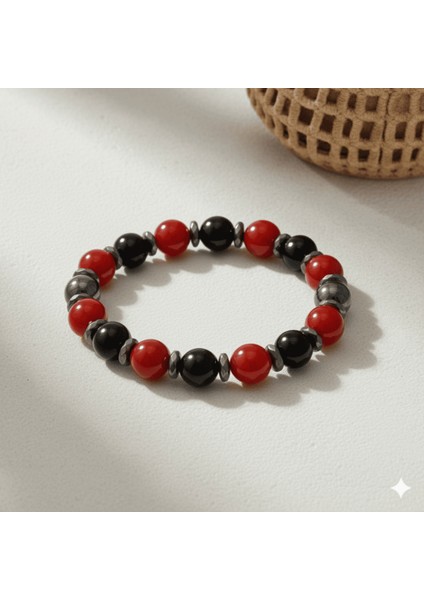 Küre Kesim Kırmızı Siyah Akik Oniks Hematit Doğaltaş Kadın Taraftar Bileklik M2 fırsatları