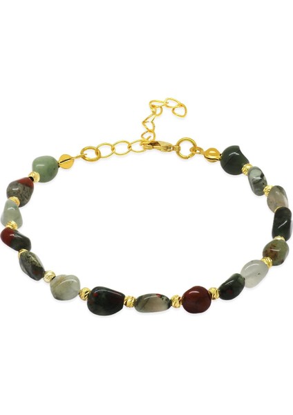 Altın Renk Metal Zincirli Dorika Top Süslemeli Amorf Kan Taşı Doğaltaş Kadın Bileklik