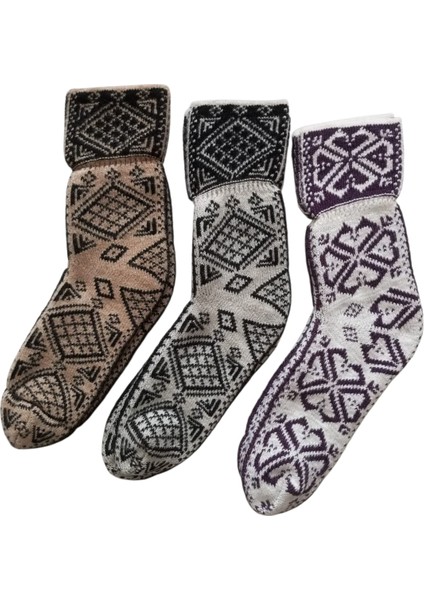 Çorap Patik Desenli Kalın Kışlık 3'lü Ekonomik Paket Unisex Mor - Kahve - Beyaz fırsatları