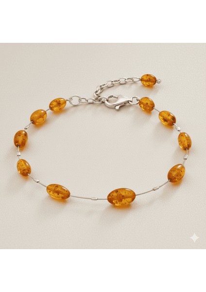 Çelik Telli 925 Ayar Gümüş Papağan Mekanizmalı Bal Rengi Doğal Damla Taşlı Kehribar Kadın Bileklik indirimleri