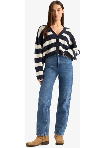 Regular Fit V Yaka Çizgili Düğmeli Triko Hırka