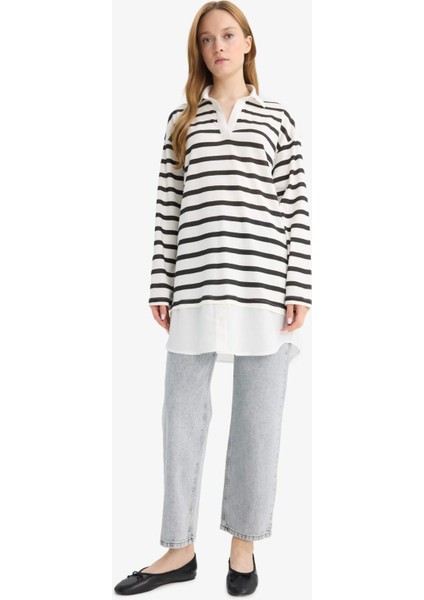 Regular Fit Polo Yaka Çizgili Uzun Kollu Tunik