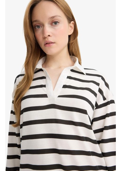 Regular Fit Polo Yaka Çizgili Uzun Kollu Tunik