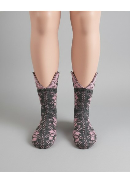 Çorap Patik Desenli Kalın Kışlık 3'lü Ekonomik Paket Unisex Pembe - Gri - Vizon