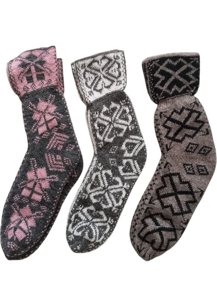 Çorap Patik Desenli Kalın Kışlık 3'lü Ekonomik Paket Unisex Pembe - Gri - Vizon fırsatları