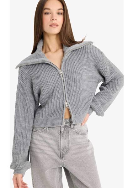 Slim Fit Dar Kesim Polo Yaka Fermuarlı Triko Hırka A3333AX25WN