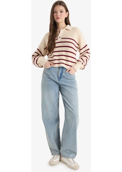 Relax Fit Polo Yaka Düğmeli Çizgili Triko Kazak C4918AX25WN