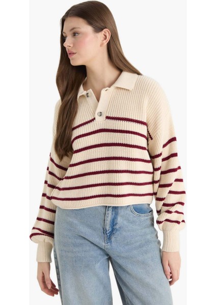 Relax Fit Polo Yaka Düğmeli Çizgili Triko Kazak C4918AX25WN
