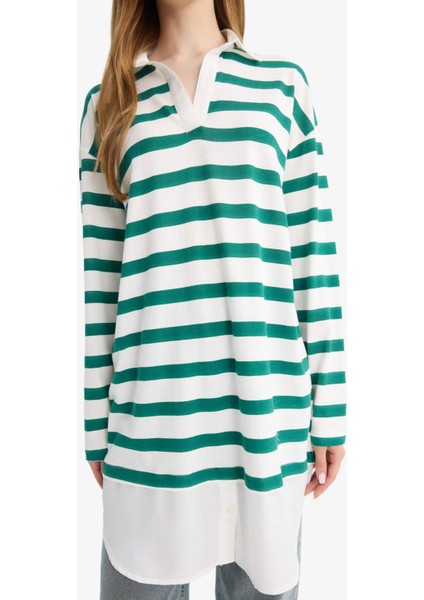 Regular Fit Polo Yaka Çizgili Uzun Kollu Tunik