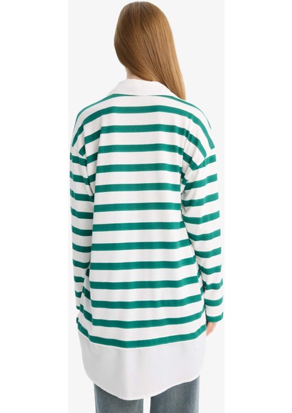 Regular Fit Polo Yaka Çizgili Uzun Kollu Tunik