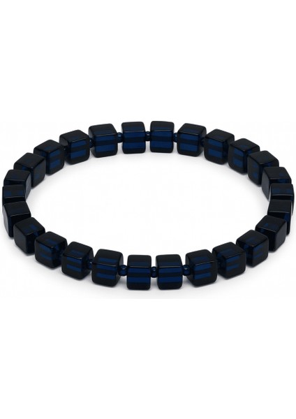 Lacivert Renk Küp Kesim Doğal Damla Kehribar Kadın Bileklik